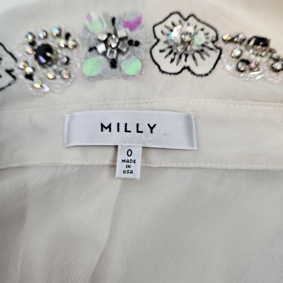 Milly 100% Silk Cream Sleeveless Blouse Jeweled‎ Collar Size 0 Women's D64 - Picture 12 of 14